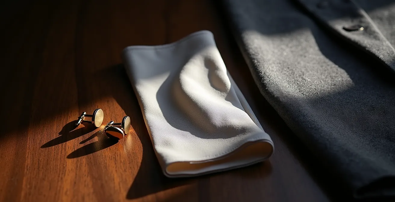 Composición elegante de gemelos dorados, pañuelo de seda y chaleco gris sobre superficie de madera oscura