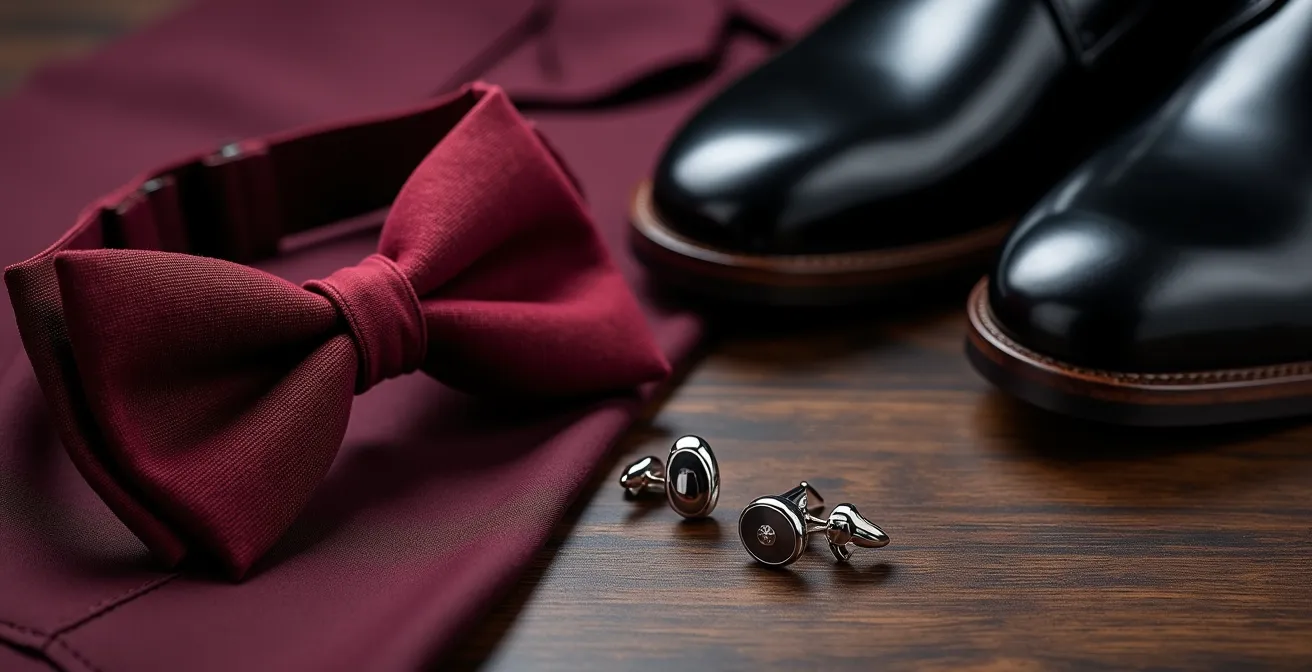 Disposición elegante de pajarita de terciopelo, gemelos plateados y zapatos Oxford de charol sobre superficie de madera oscura