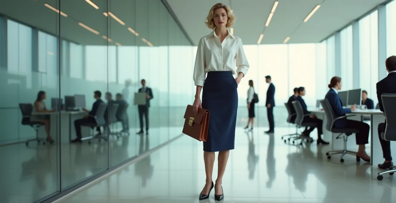 Contraste visual entre outfit Rockabilly completo y versión adaptada profesional en oficina moderna