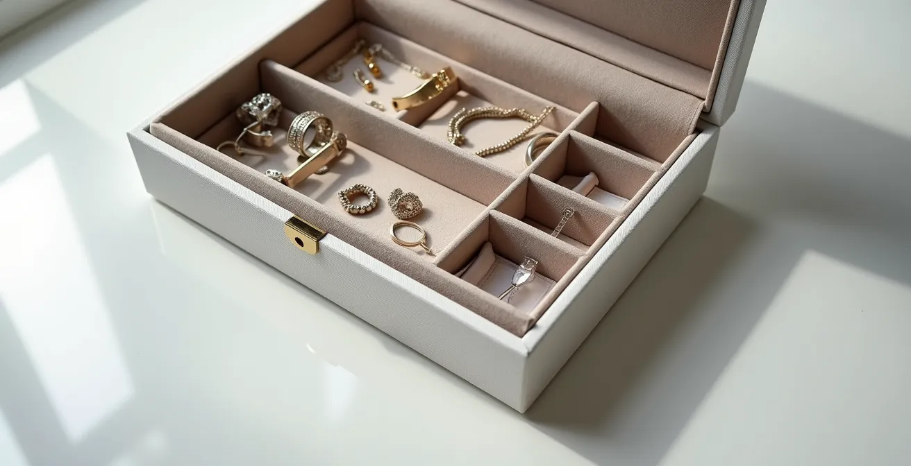 Organizador de joyas con compartimentos individuales que muestra cómo guardar la bisutería separada para evitar la oxidación.
