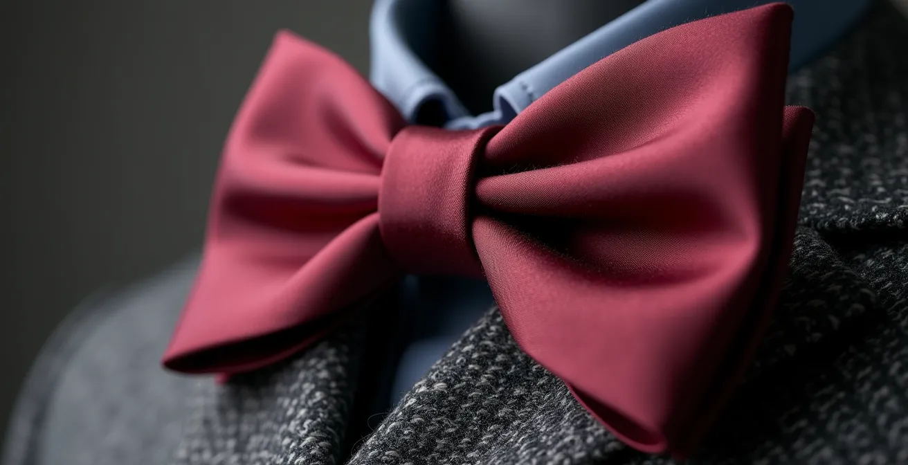 Detalle macro de lazo de seda vintage sobre solapa de blazer moderno