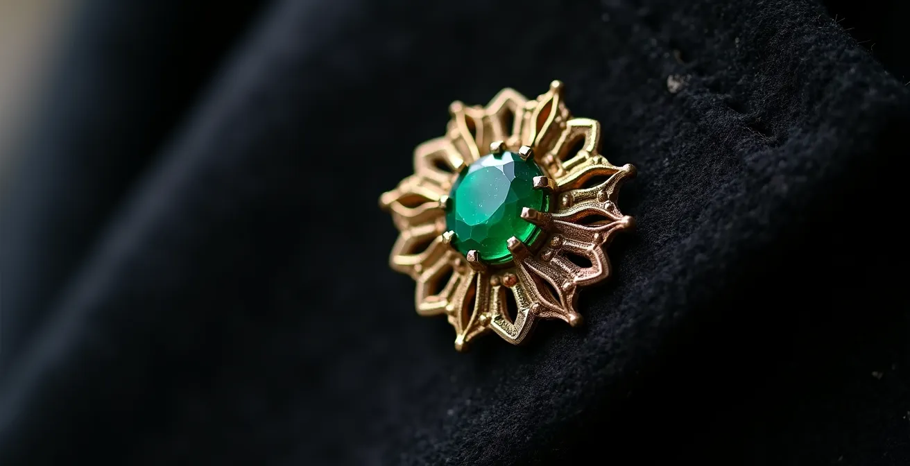 Detalle de broche Art Déco dorado con esmalte sobre solapa de abrigo negro