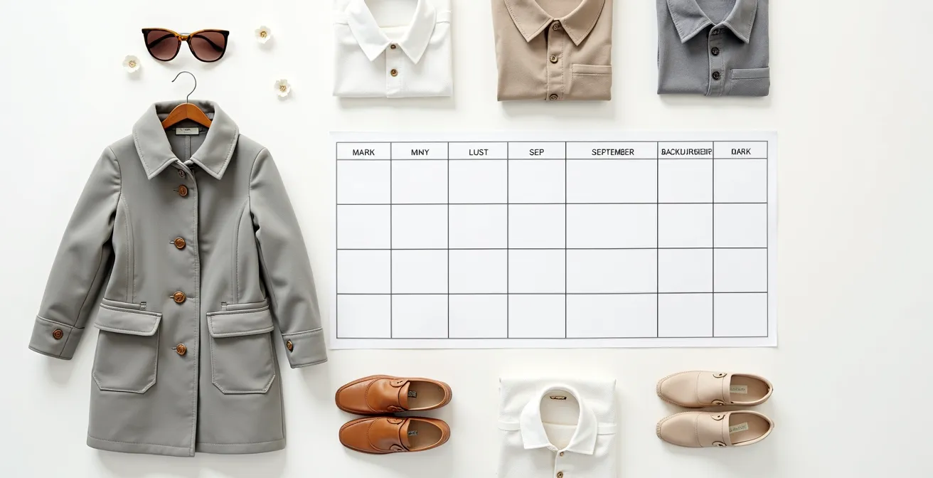 Vista cenital de calendario con prendas de temporada organizadas por meses