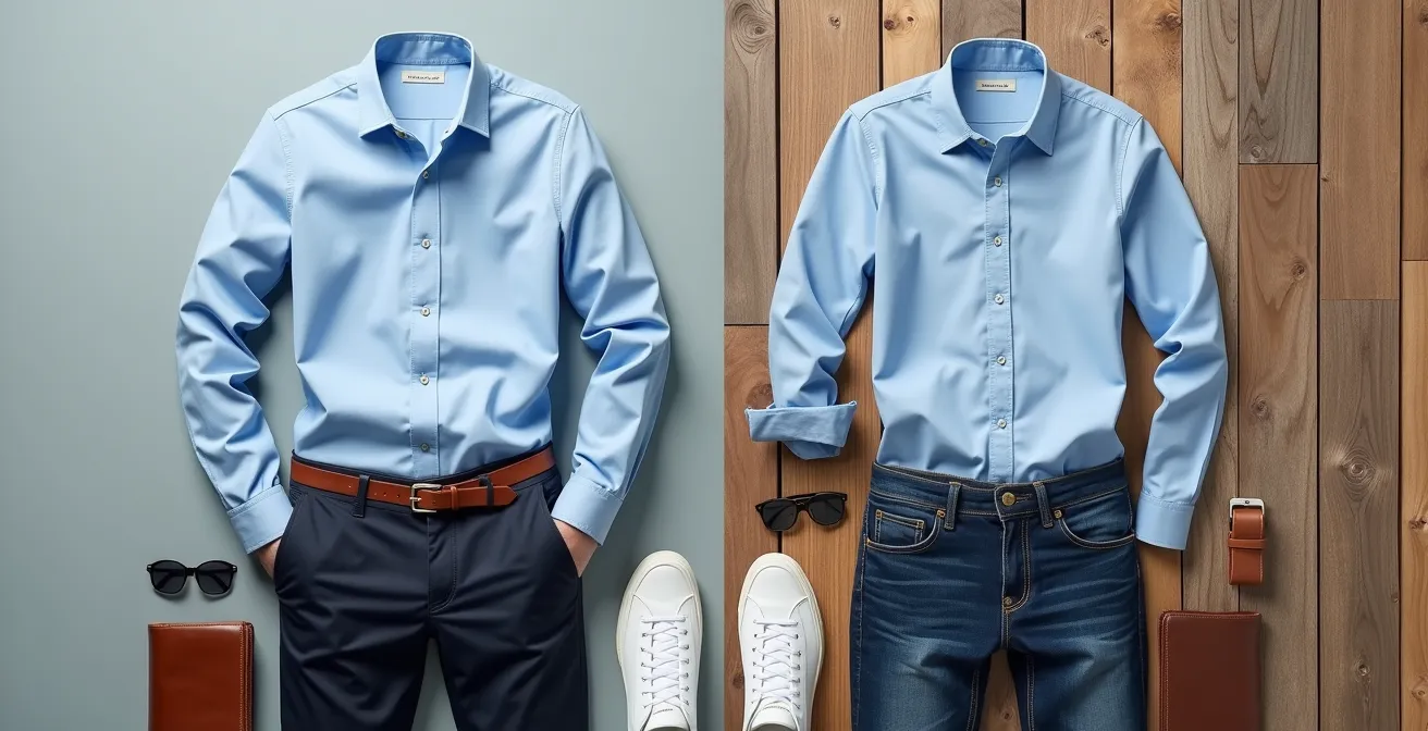 Camisa Oxford azul mostrada en dos estilos diferentes lado a lado