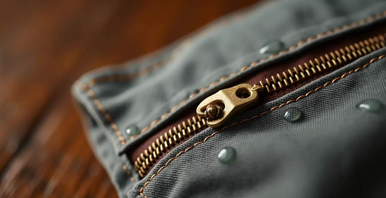 Detalle macro de textura de chaqueta encerada mostrando el acabado ceroso característico