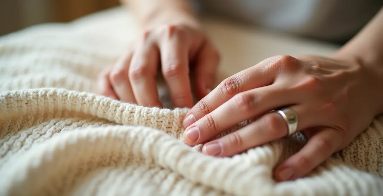 Manos sosteniendo una prenda con etiquetas de certificación auténticas bajo luz natural, mostrando texturas y detalles de calidad