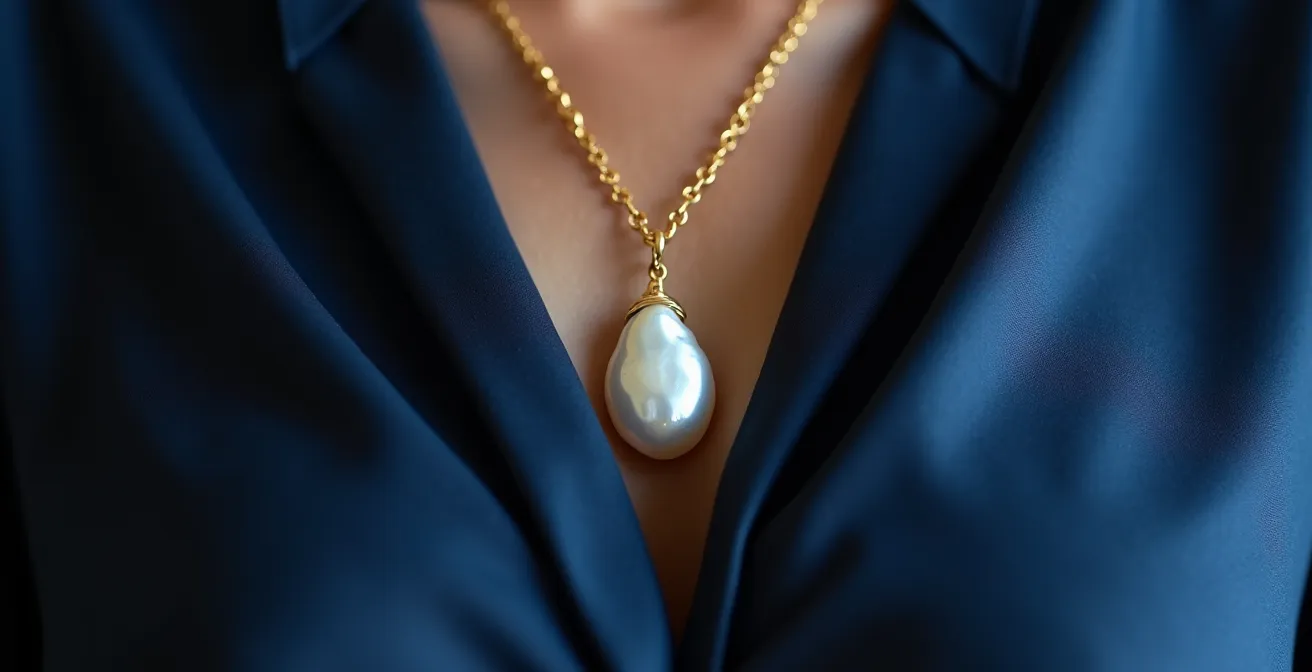 Detalle de collar largo dorado sobre túnica de seda