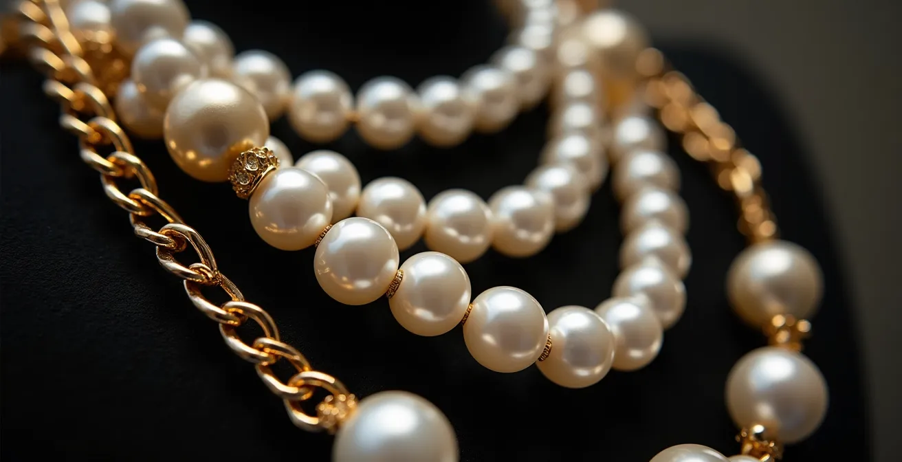 Detalle de collares superpuestos de perlas y cadenas doradas gruesas estilo rockero