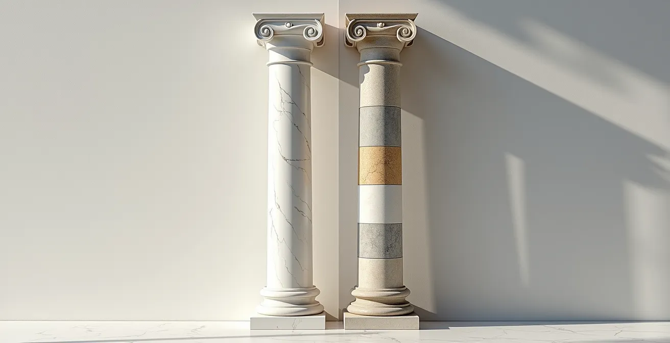 Comparación visual de dos columnas arquitectónicas: una uniforme y otra segmentada por colores