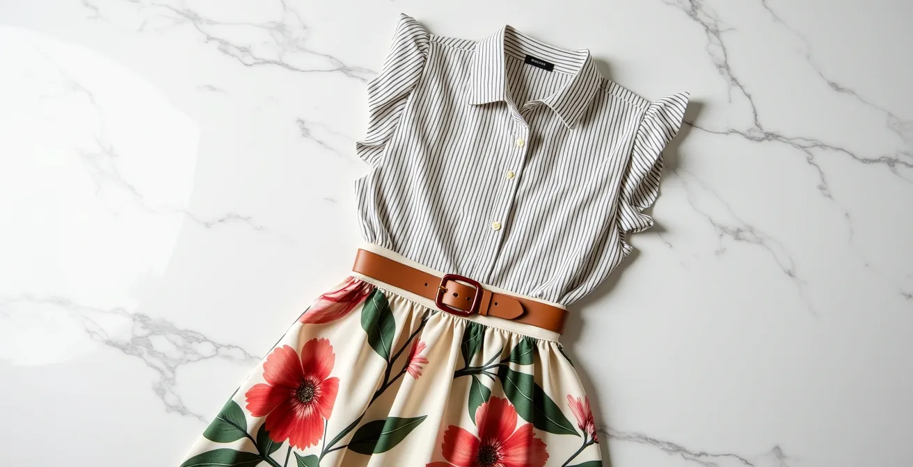 Combinación armoniosa de camisa de rayas finas con falda de estampado floral grande