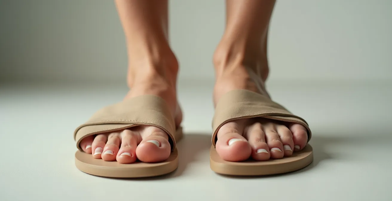 Comparación lateral de pisada con sandalia atada versus destalonada mostrando tensión muscular