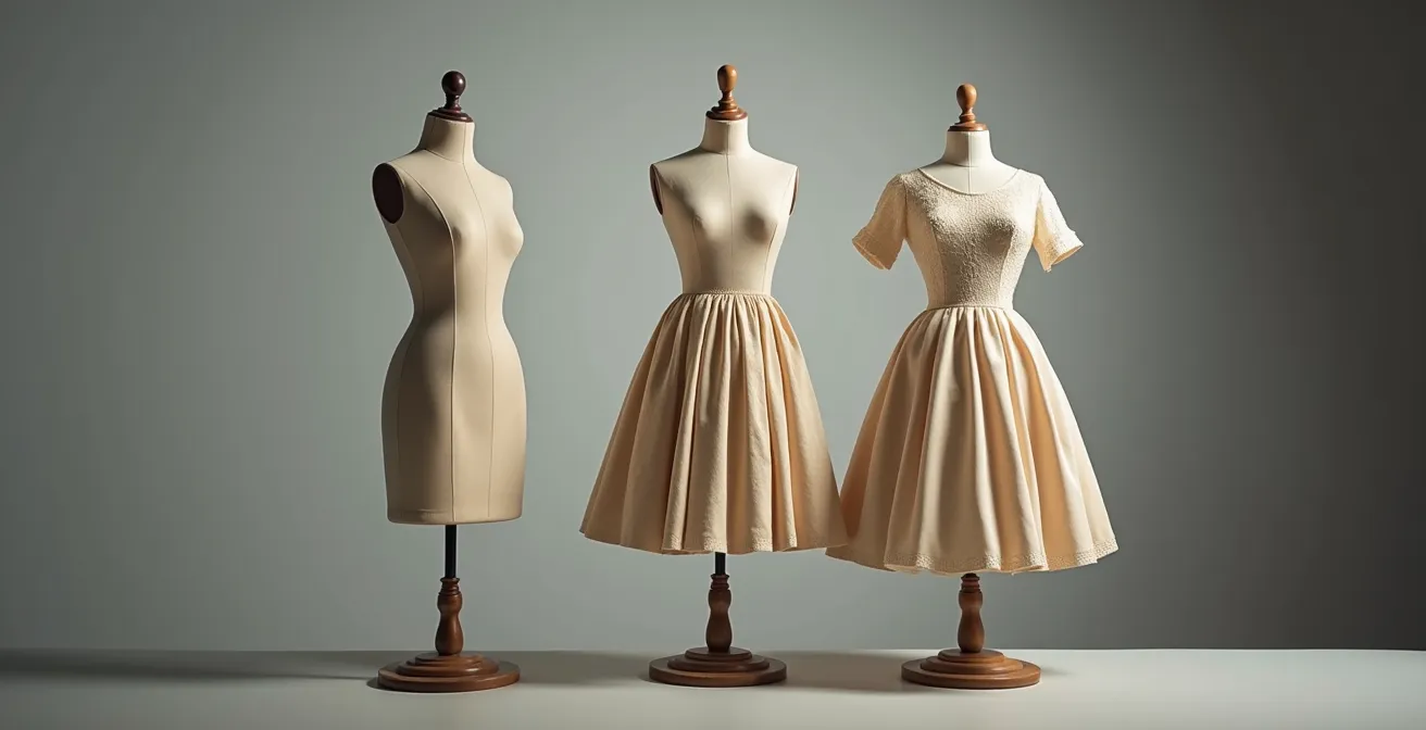 Comparación visual de tres estilos de vestido años 50 en maniquíes que muestran el efecto favorecedor