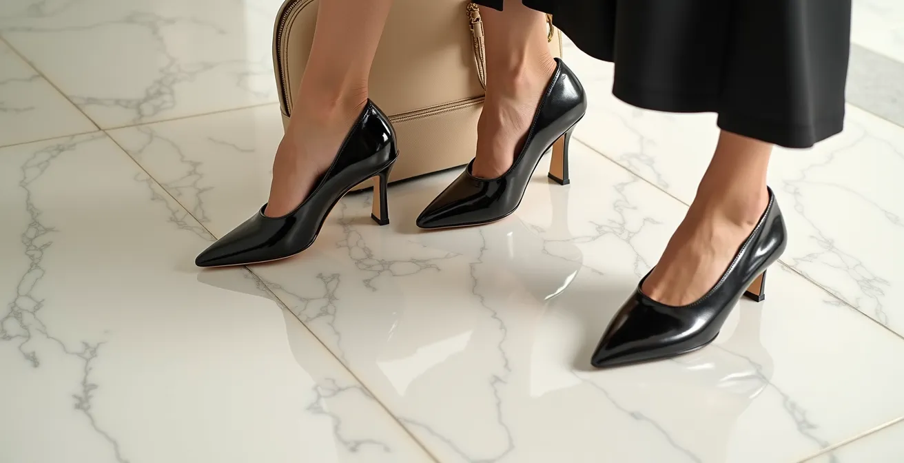 Detalle de zapatos de cuero impecables junto a bolso de diseñador de lujo