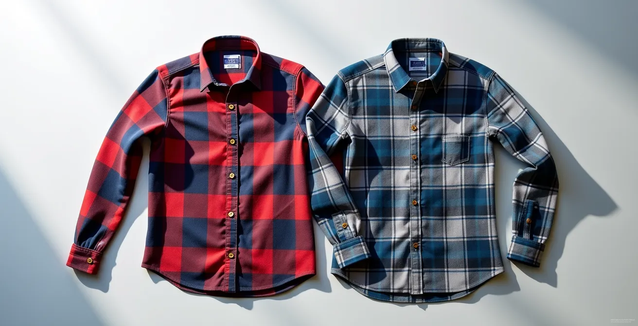 Detalle de costuras perfectamente alineadas en camisa de cuadros premium