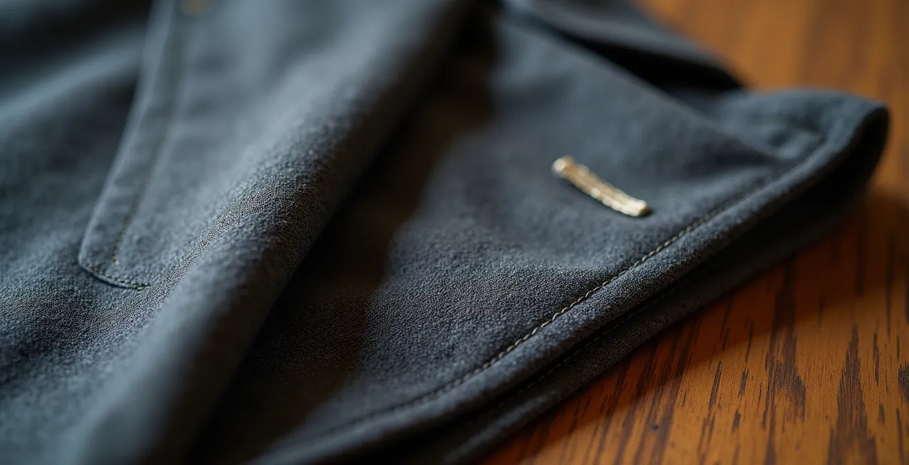 Detalle macro de la solapa de un saco de traje mostrando el desgaste en la entretela interna.