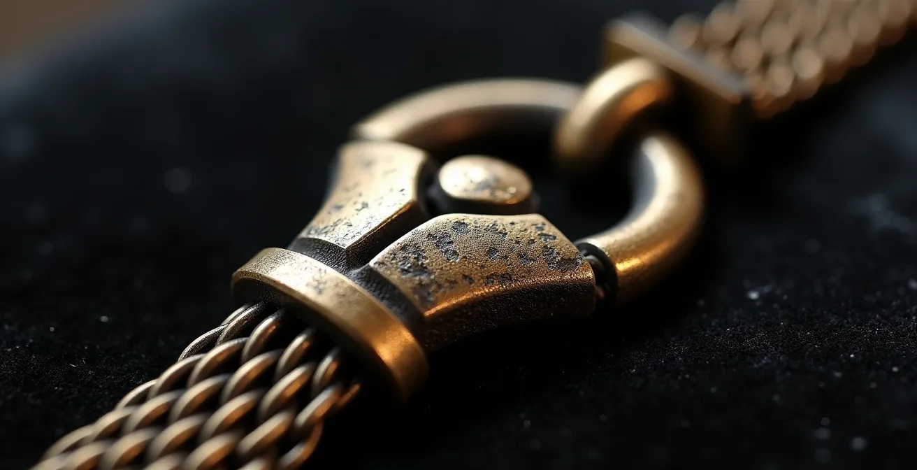 Macro fotografía de cierre de joyería vintage mostrando señales de desgaste