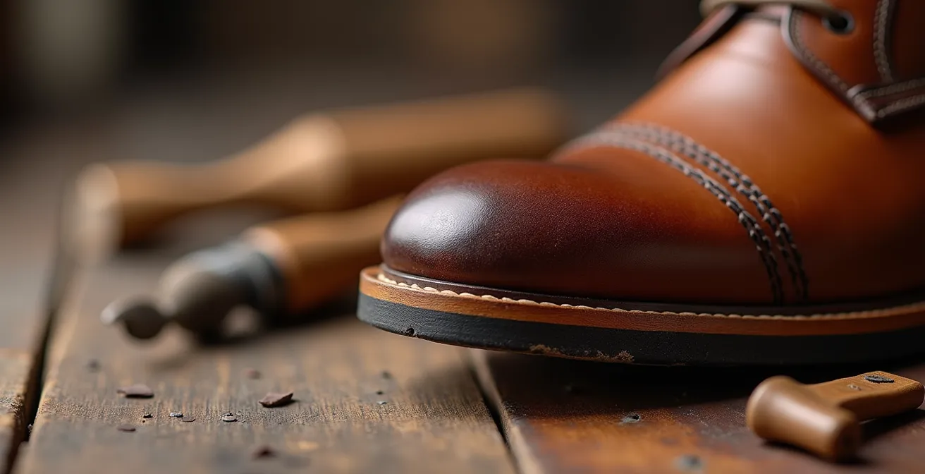 Detalle macro de costura Goodyear welt en zapato de cuero marrón