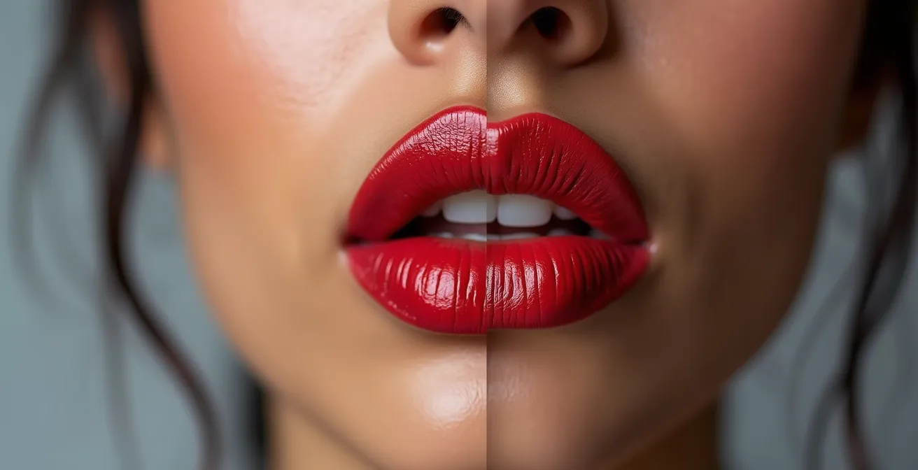 Comparación visual de labios con acabado mate y brillante mostrando efecto de volumen