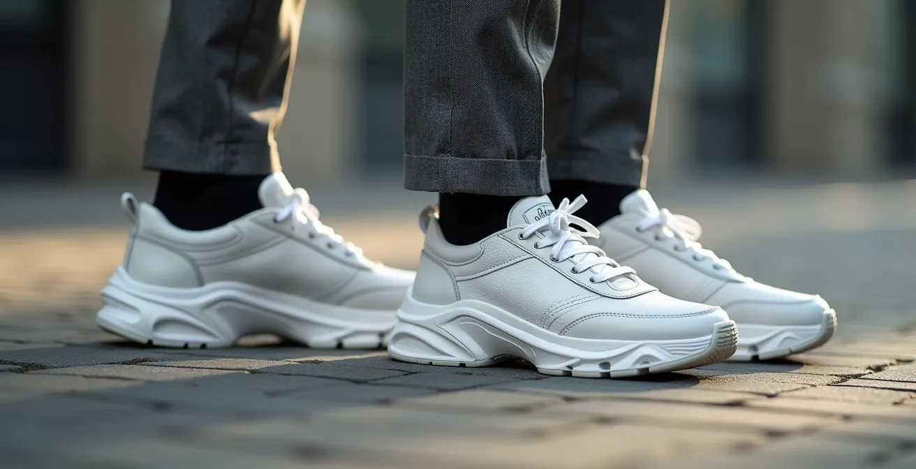 Detalle de piernas masculinas combinando zapatillas chunky blancas con pantalón de vestir gris