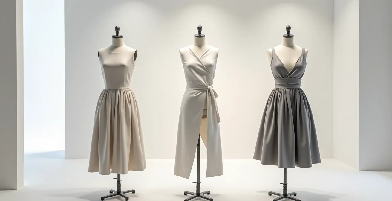 Comparación visual de diferentes escotes con falda amplia para equilibrar busto prominente