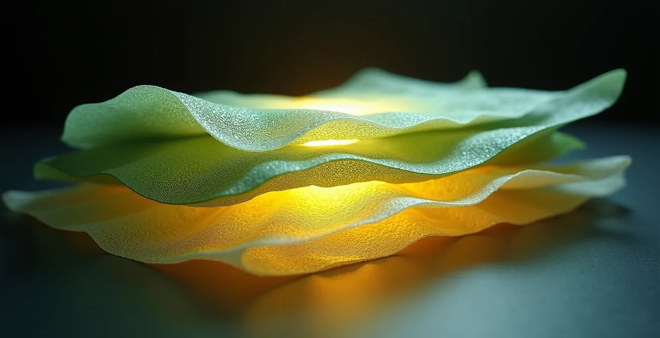 Vista microscópica de la estructura en capas del cuero vegetal mostrando fibras vegetales y polímeros