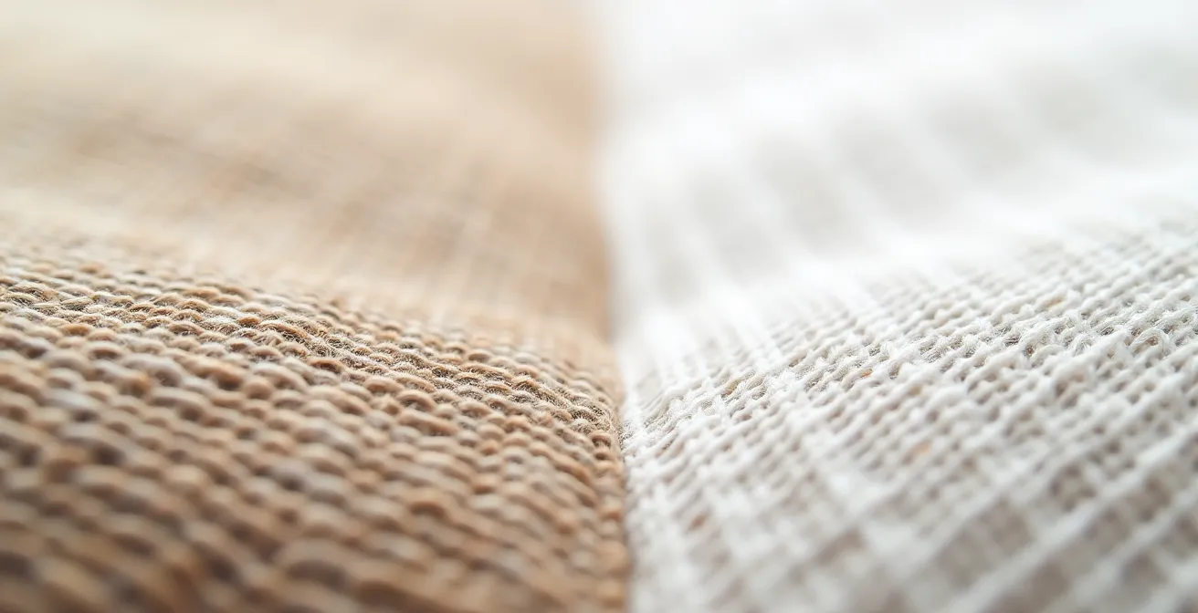 Comparación microscópica de fibras de lino y algodón mostrando estructuras internas