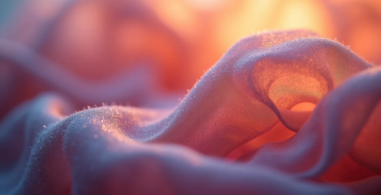 Detalle macro de fibra de seda mostrando su estructura natural con efecto de temperatura