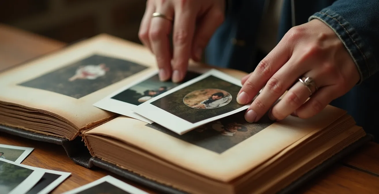 Manos sosteniendo fotografías impresas sobre álbum vintage con textura