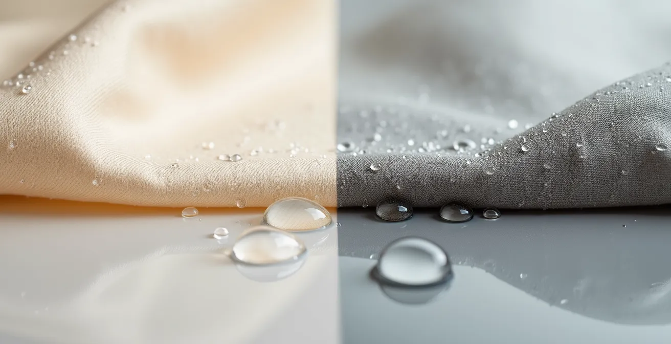Detalle de gabardina con gotas de agua demostrando su repelencia natural