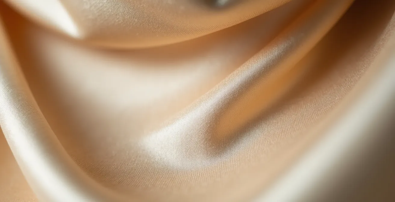 Detalle macro de las texturas contrastantes entre un jersey de lana merino color crema y un vestido de satén champán.