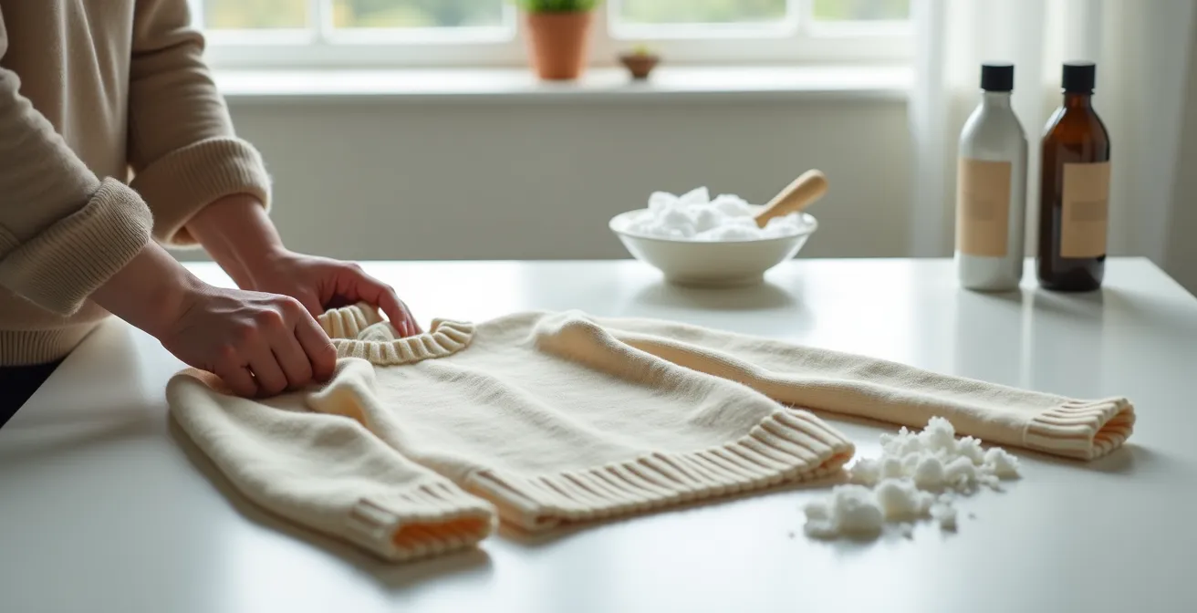 Jersey de lana extendido sobre superficie plana con manos estirando suavemente el tejido