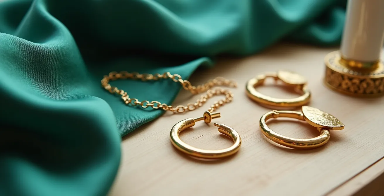 Kit organizado de accesorios dorados sobre escritorio minimalista para videollamadas