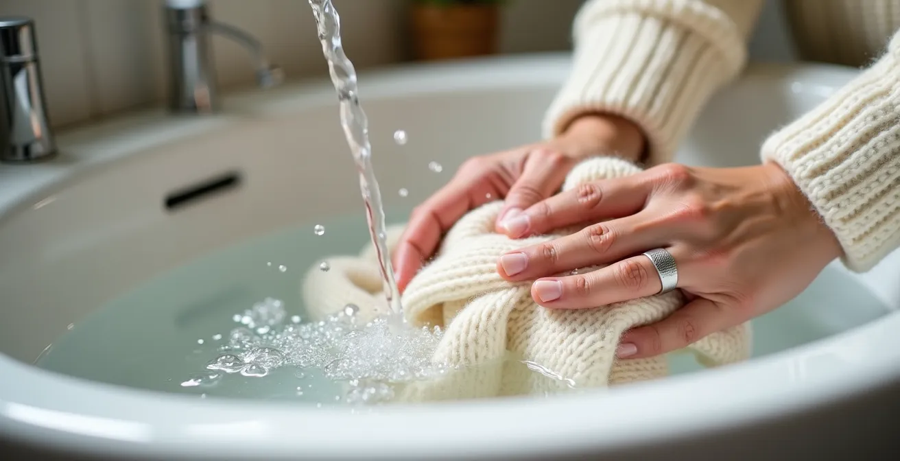 Manos sumergiendo suavemente un cárdigan de cachemir en agua con espuma de jabón neutro