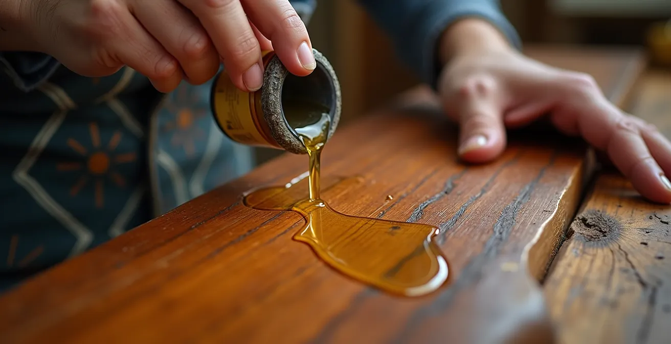 Primeros planos de manos aplicando aceite danés sobre madera de teca con veta visible