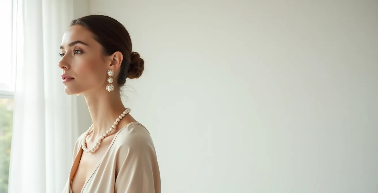 Rostro con maquillaje natural glowy y collar de perlas visto de perfil