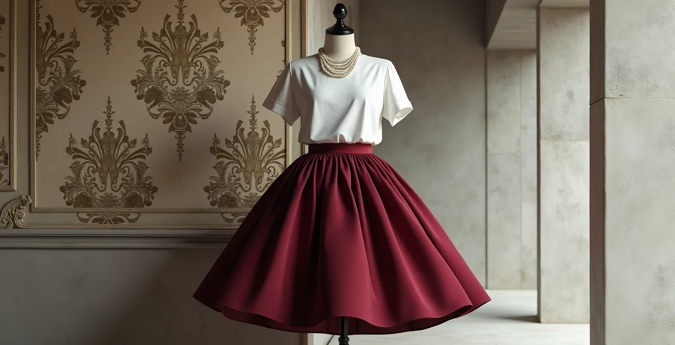 Combinación visual de falda amplia años 50 con camiseta minimalista de los 90 en un entorno contemporáneo