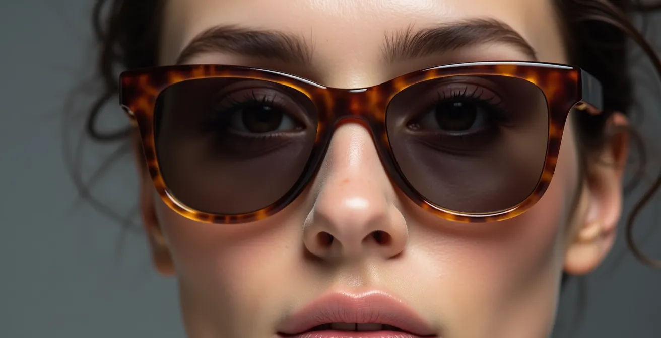 Rostro redondo con gafas de sol cuadradas creando definición angular