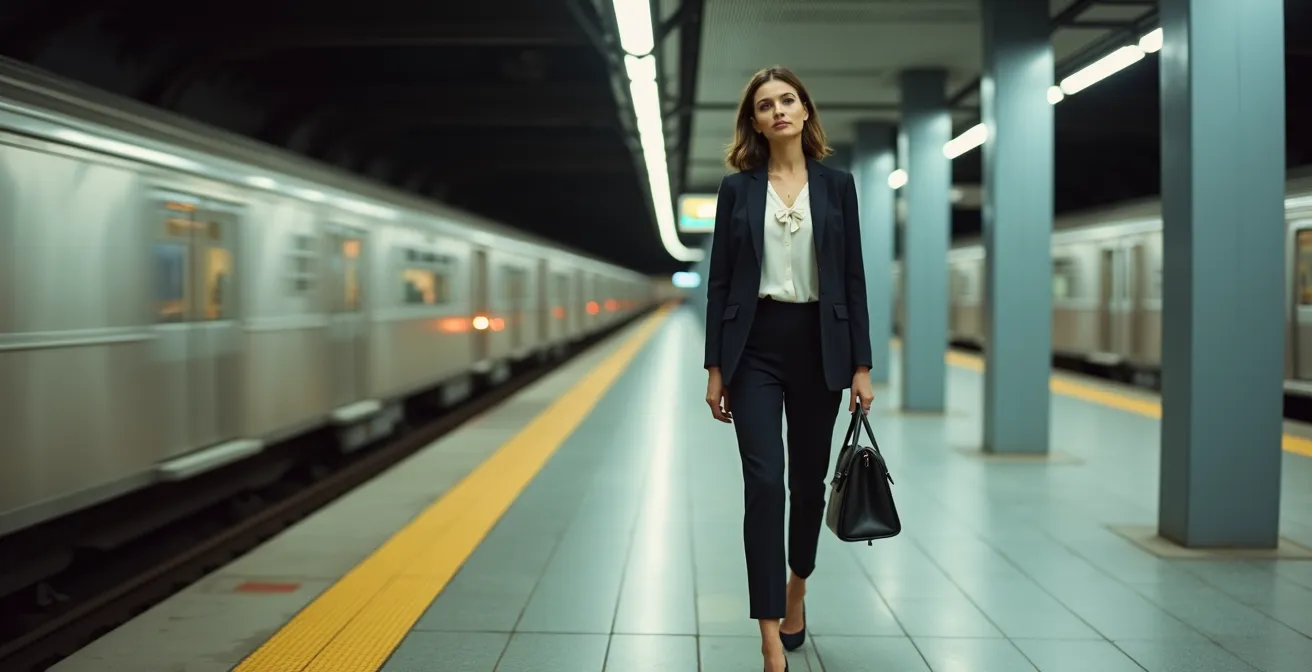 Mujer profesional con elementos vintage modernos esperando el metro