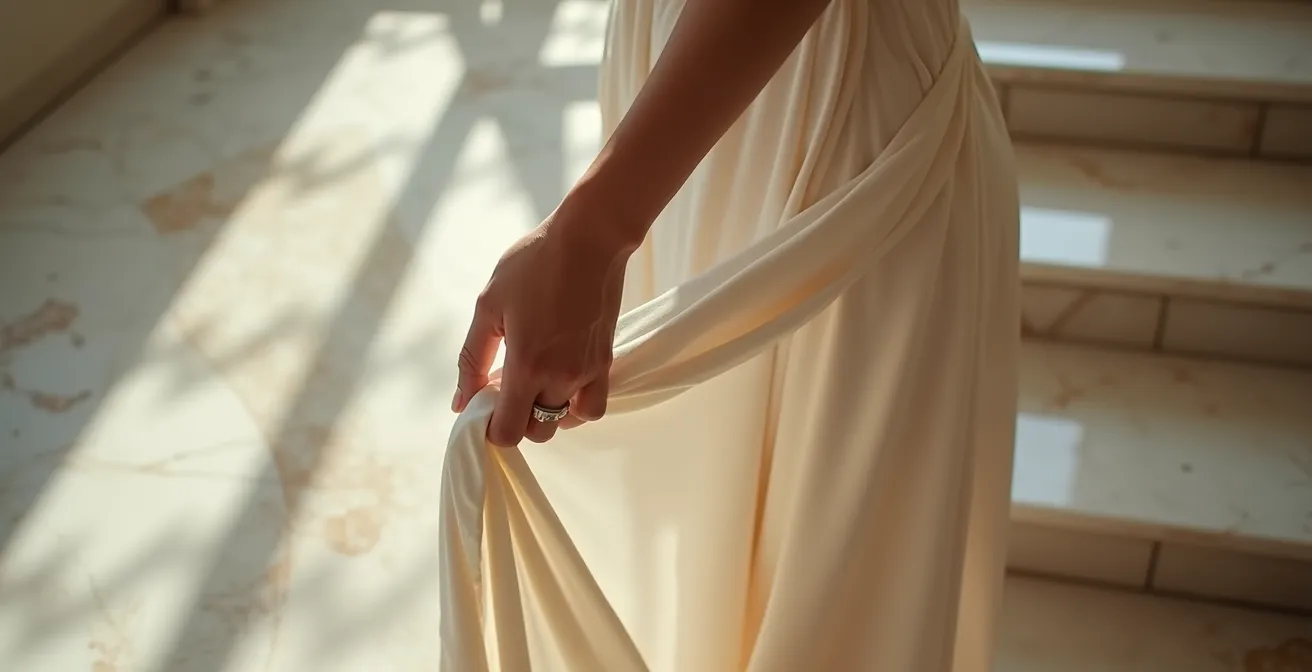 Mano femenina sujetando sutilmente el lateral del pantalón palazzo al bajar escaleras