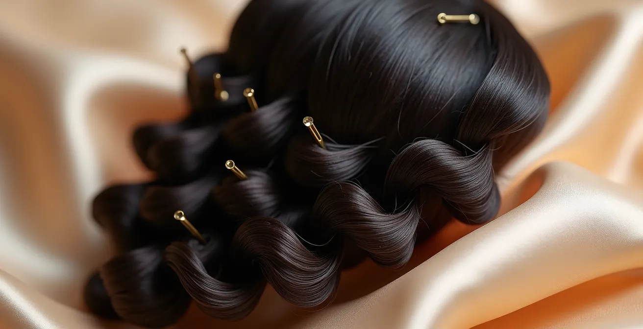 Detalle macro de cabello con horquillas creando ondas al agua estilo años 20