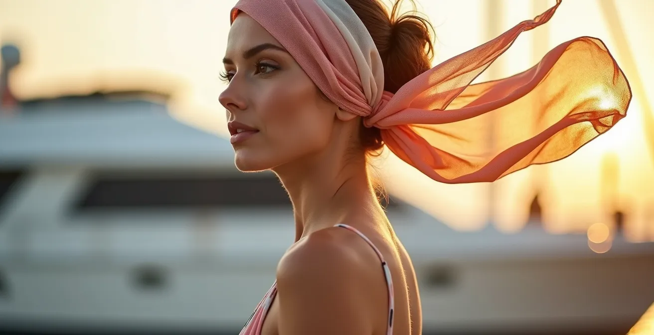 Mujer con pañuelo de seda elegante protegiéndose del sol en ambiente náutico