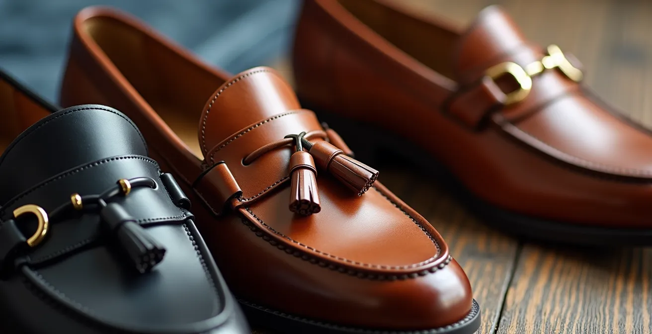 Tres tipos de mocasines (antifaz, borlas y hebilla) sobre una superficie de madera clara, junto a unos vaqueros, mostrando sus diferentes estilos.
