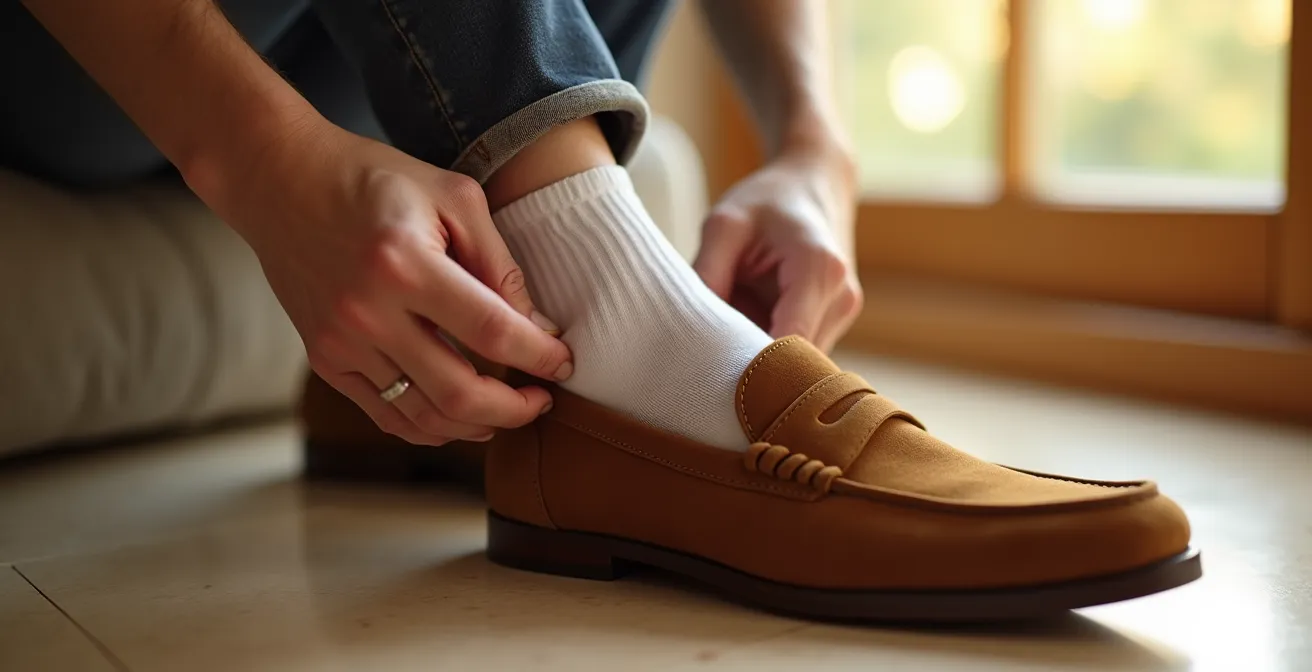 Detalle de un pie calzando un mocasín de ante, donde se aprecia sutilmente el borde de un calcetín invisible o 'pinkie' en un ambiente veraniego y luminoso.