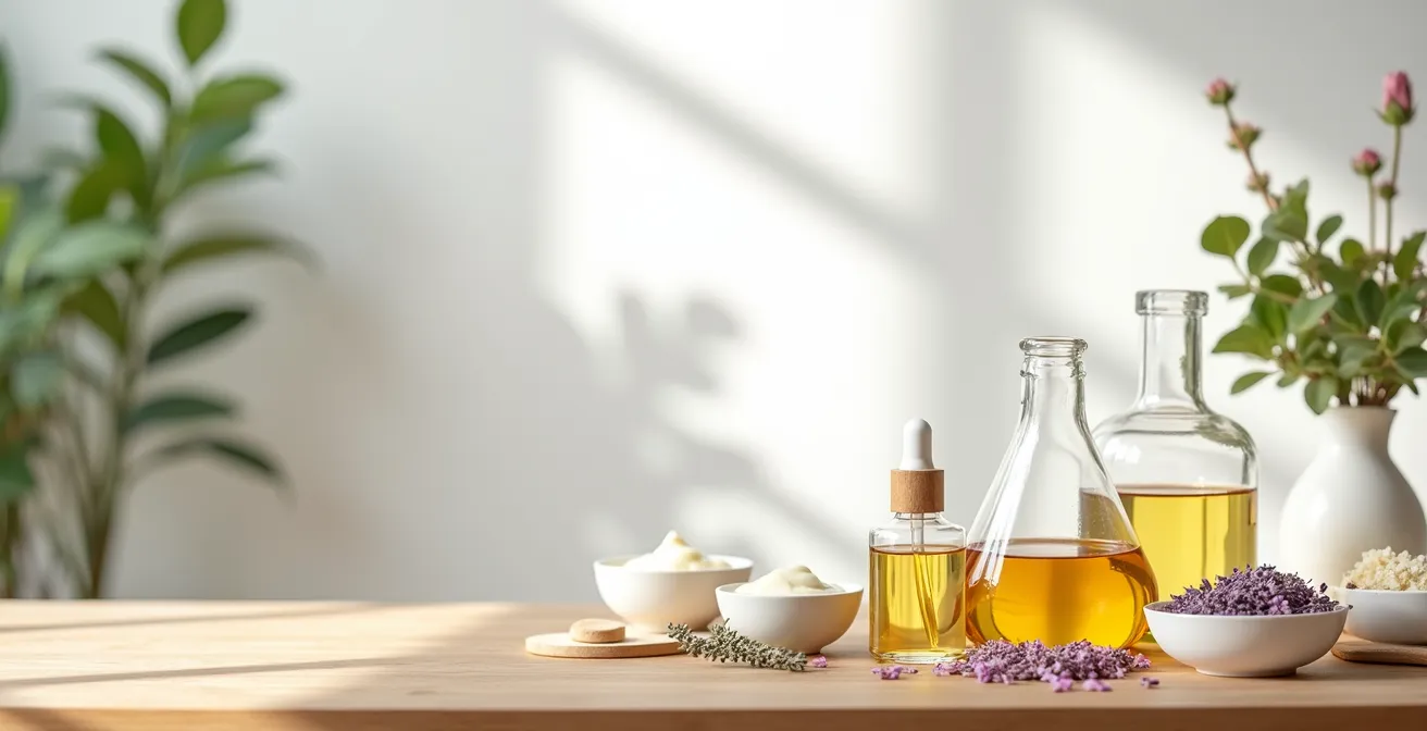 Mesa de trabajo con ingredientes modernos y seguros para cosmética casera natural