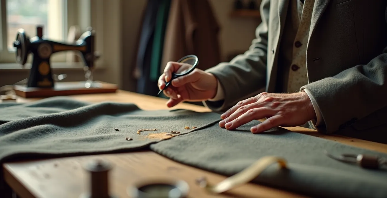 Mesa de trabajo de sastre con herramientas de restauración y prenda vintage en proceso