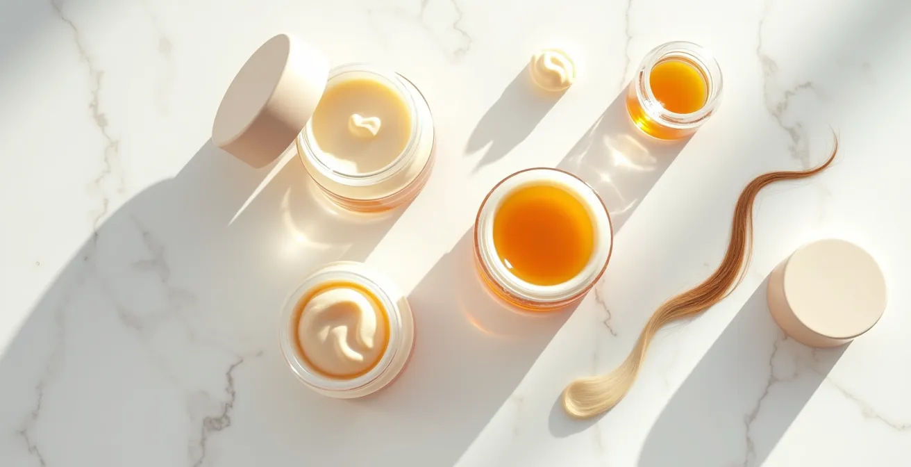 Composición minimalista de productos para rizos sobre superficie de mármol