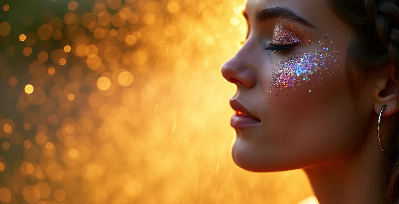 Aplicación de protector solar en spray sobre maquillaje con glitter