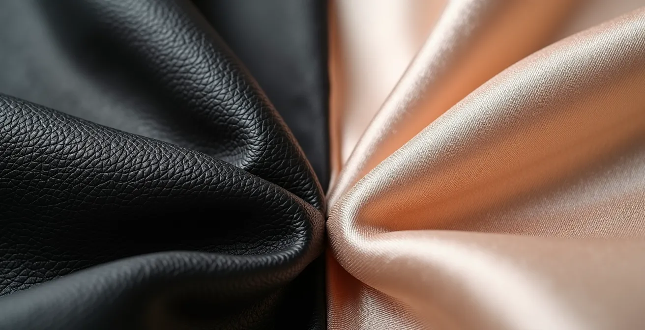 Detalle macro de texturas contrastantes cuero mate y satén brillante