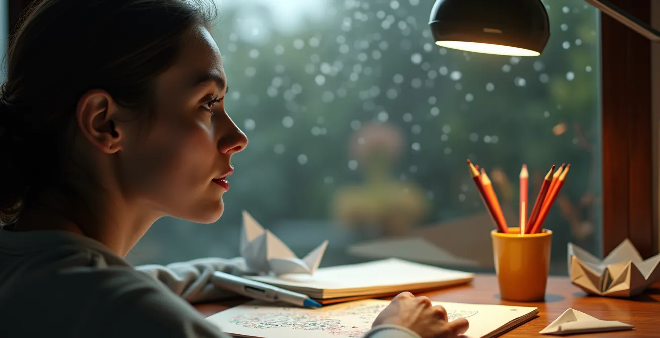 Persona mirando por la ventana en estado contemplativo con elementos creativos dispersos