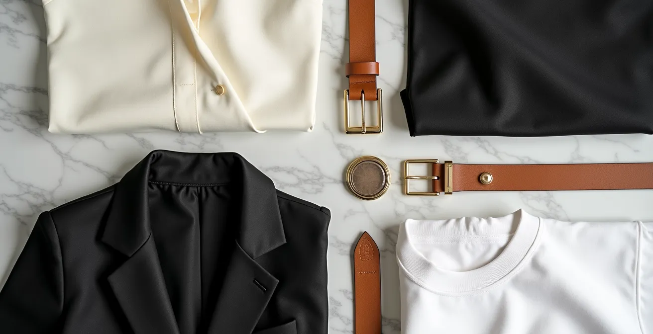 Composición flat lay de prendas minimalistas en tonos neutros que muestra la combinación de texturas.